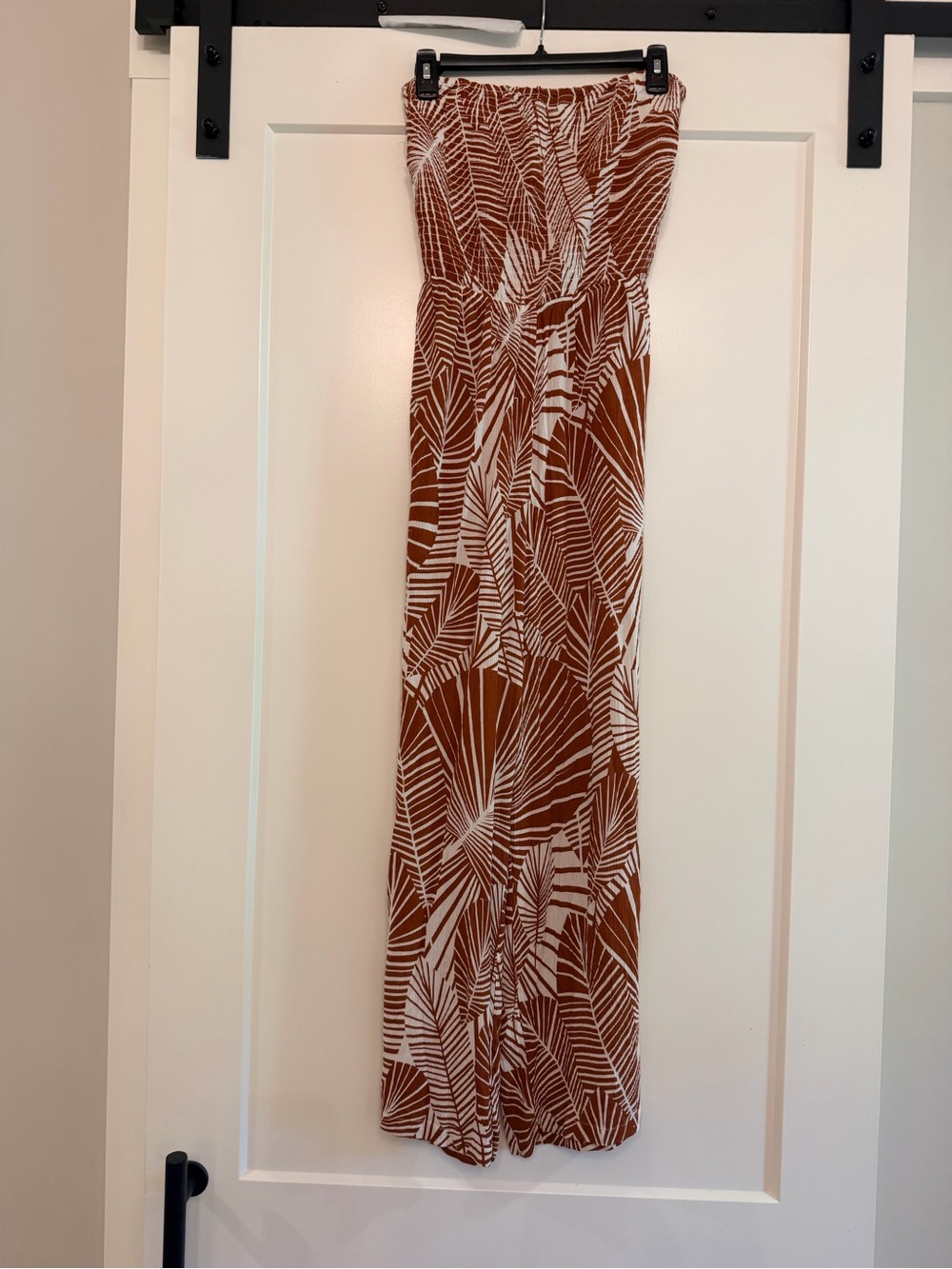 Strapless Palm-Print Maxi Dress in Rust and White